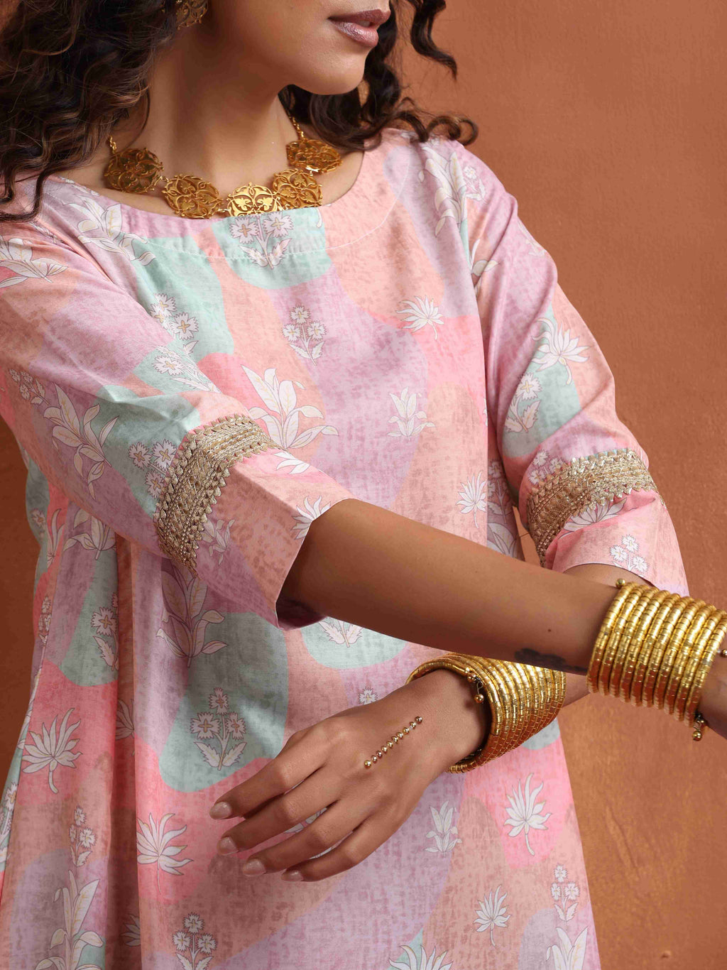 trueBrowns Beige Palm Print A-line Kurta Set | Grocsy
