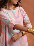 trueBrowns Beige Palm Print A-line Kurta Set | Grocsy
