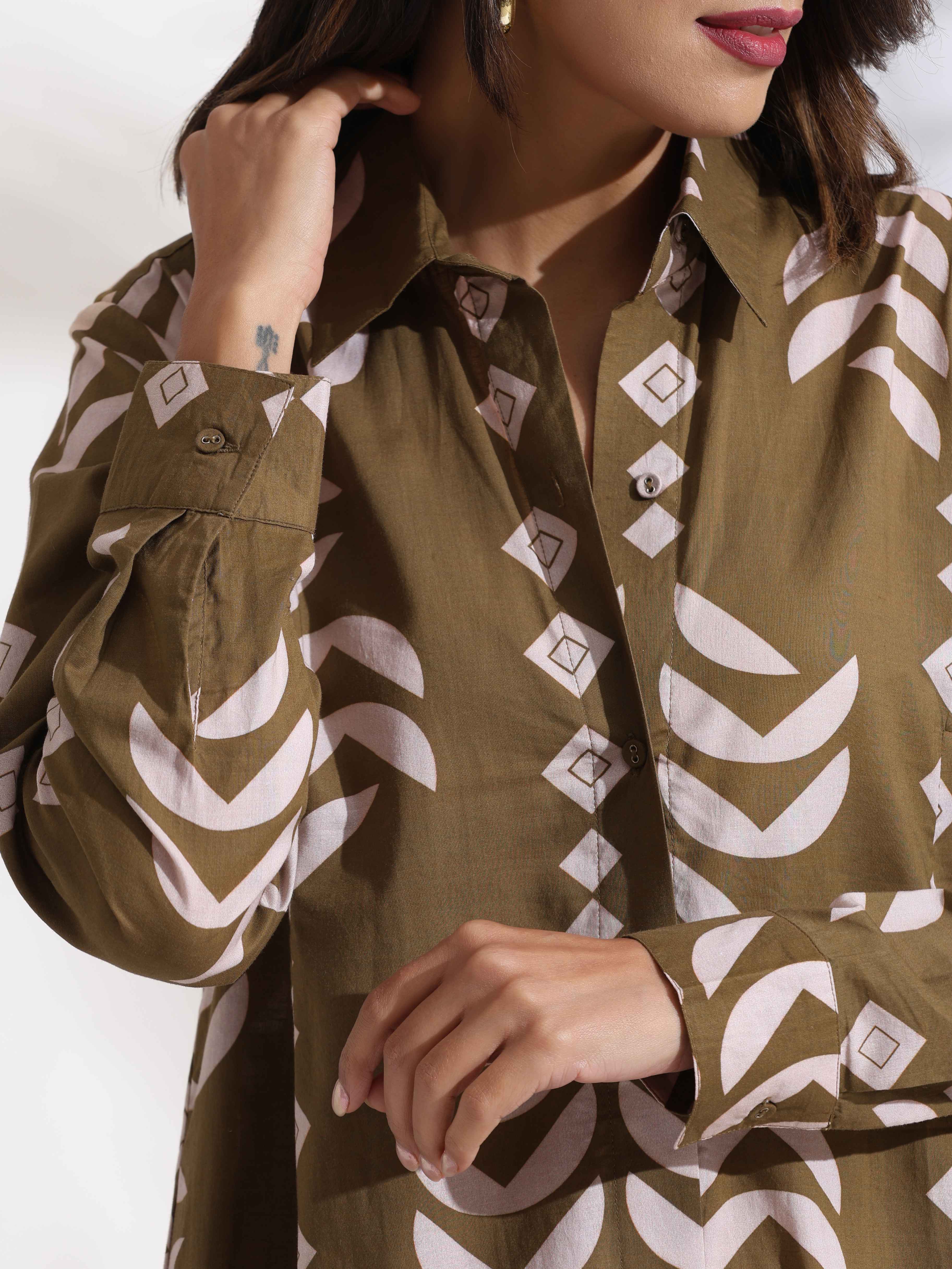 trueBrowns Olive Green Cotton Print Shirt Dress | Grocsy
