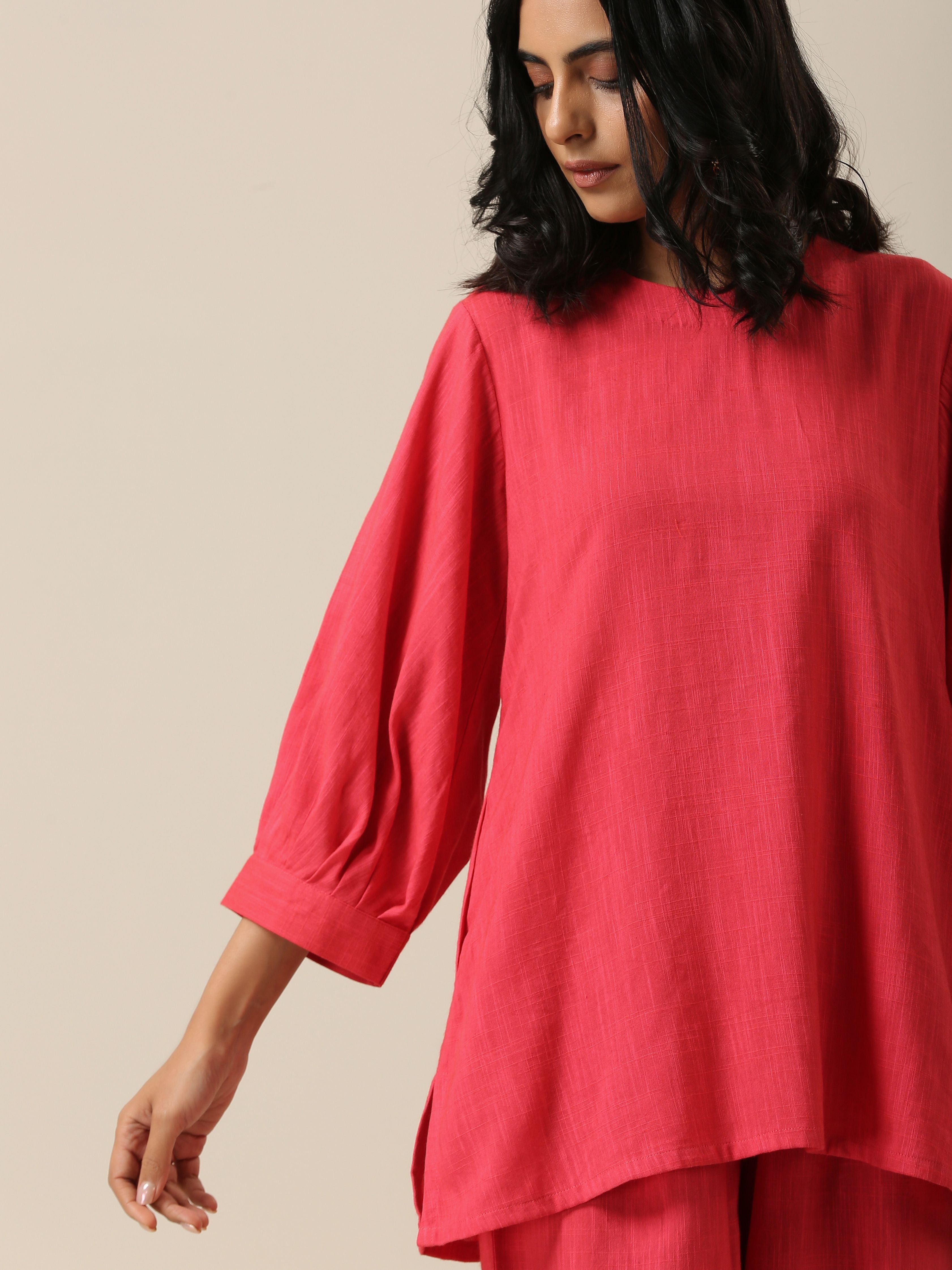 trueBrowns Bright Pink Slub Texture Baggy Sleeve Co-Ord Set | Grocsy