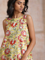trueBrowns Yellow Overall Floral Block Print Cotton Sleeveless Kurta Pant Set | Grocsy