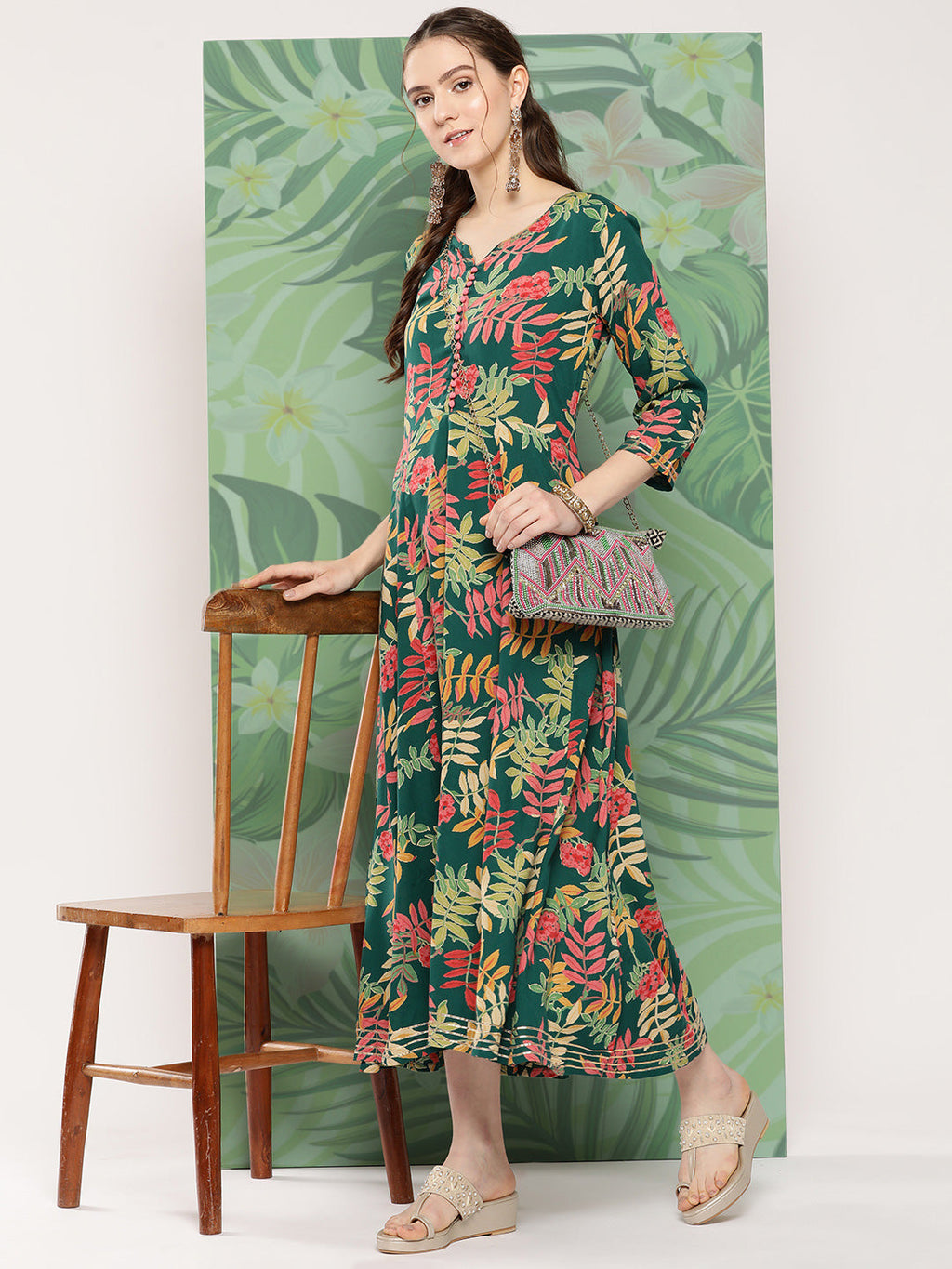 InWeave Women's Green Tropical Print Gota Long Dress | Grocsy