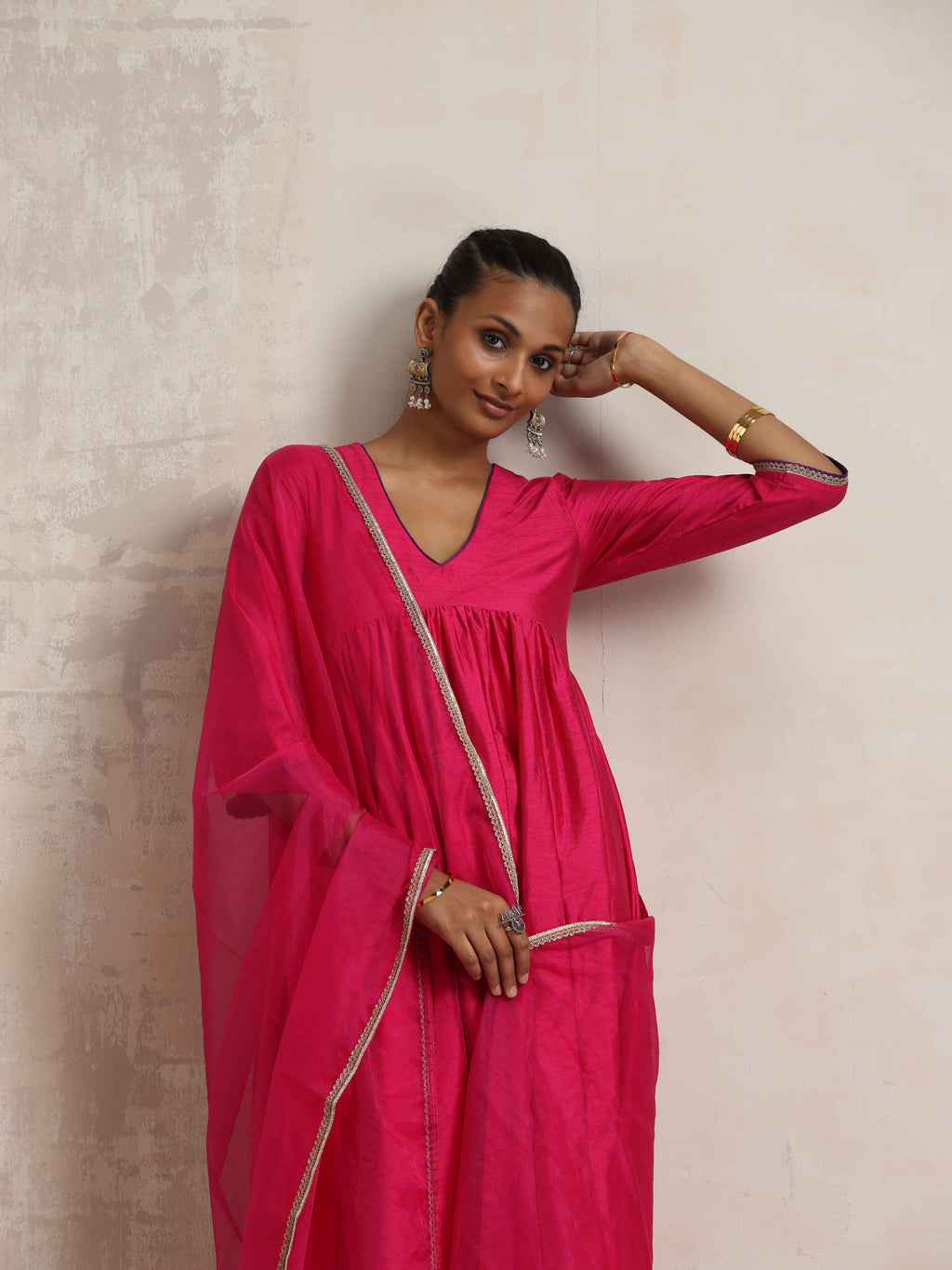 trueBrowns Pink Silk Anarkali Kurta Pant Dupatta Set | Grocsy