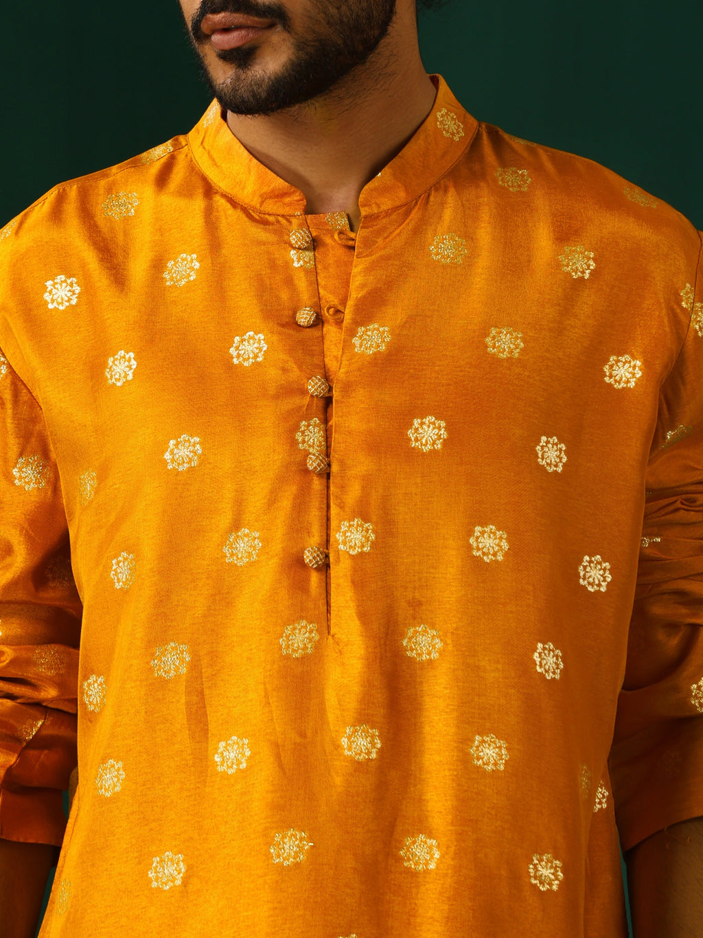 trueBrowns Men's Mustard Geometric Floral Viscose Silk Long Kurta | Grocsy