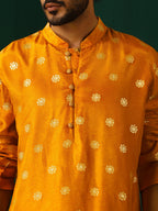 trueBrowns Men's Mustard Geometric Floral Viscose Silk Long Kurta | Grocsy