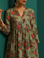 trueBrowns Green Floral Muslin Silk Printed Front Slit Kurta Pant Set | Grocsy
