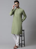 Even Apparels Green Pure Cotton Kurta With Band Collar | Grocsy