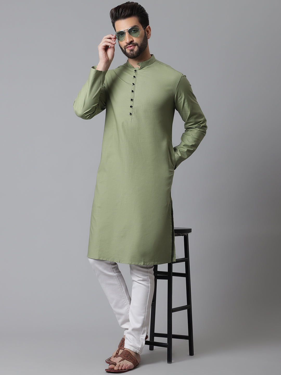Even Apparels Green Pure Cotton Kurta With Band Collar | Grocsy