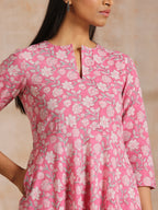 trueBrowns Pink Overall Floral Block Print Cotton Flared Kurta Pant Set | Grocsy