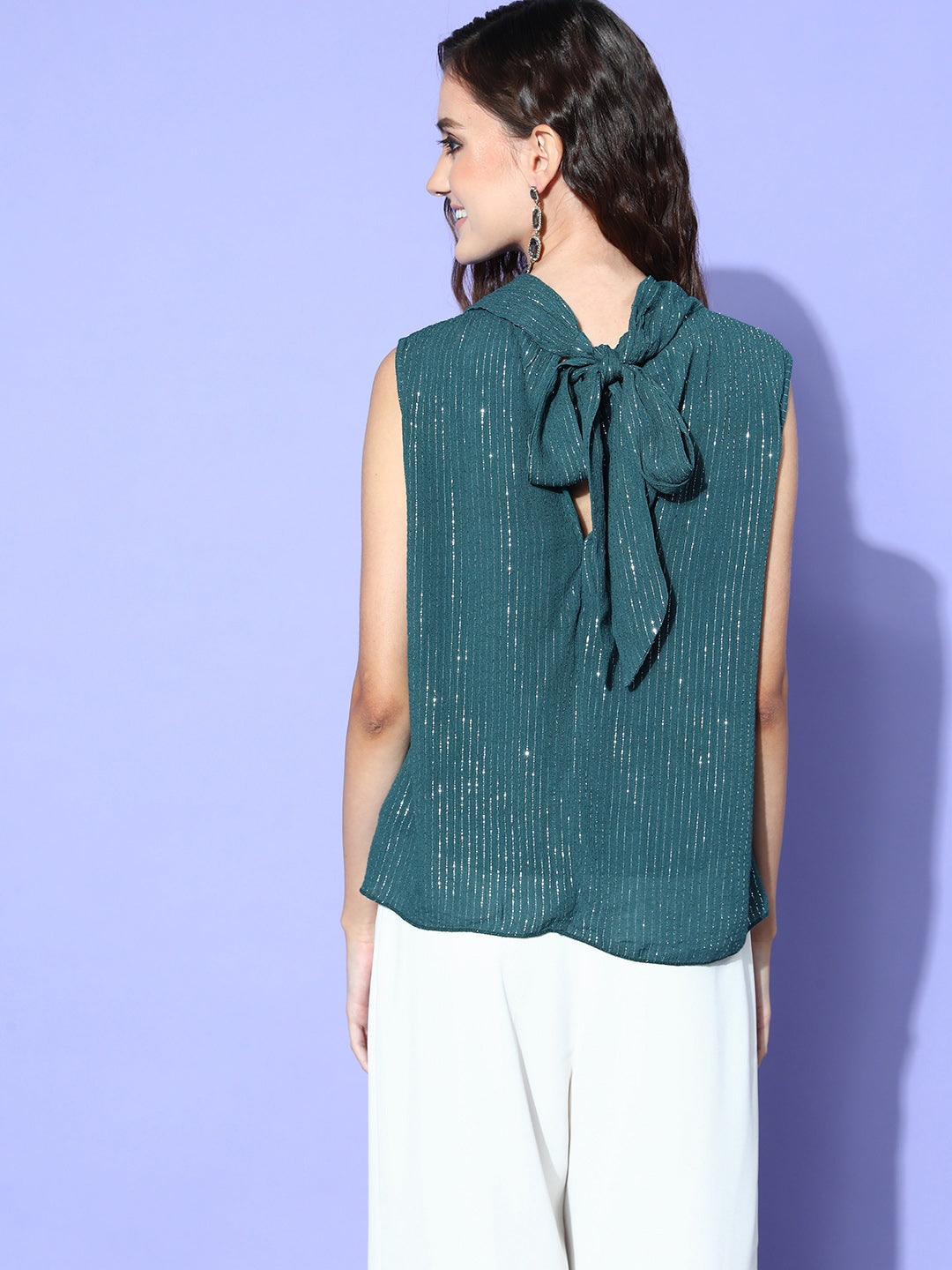 InWeave Women's Teal Lurex Tie Up Top | Grocsy
