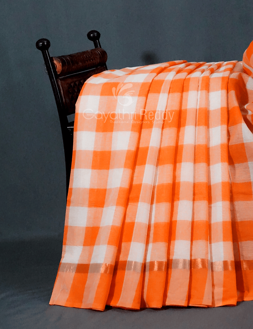 Cream And Orange Colored With Checks Pure Mangalgiri Cotton Saree By Gayathri Reddy Designer Studio | Grocsy