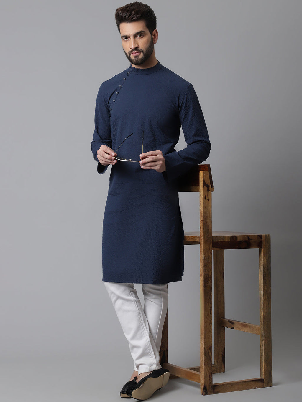 Even Apparels Blue Solid Kurta With Band Collar | Grocsy