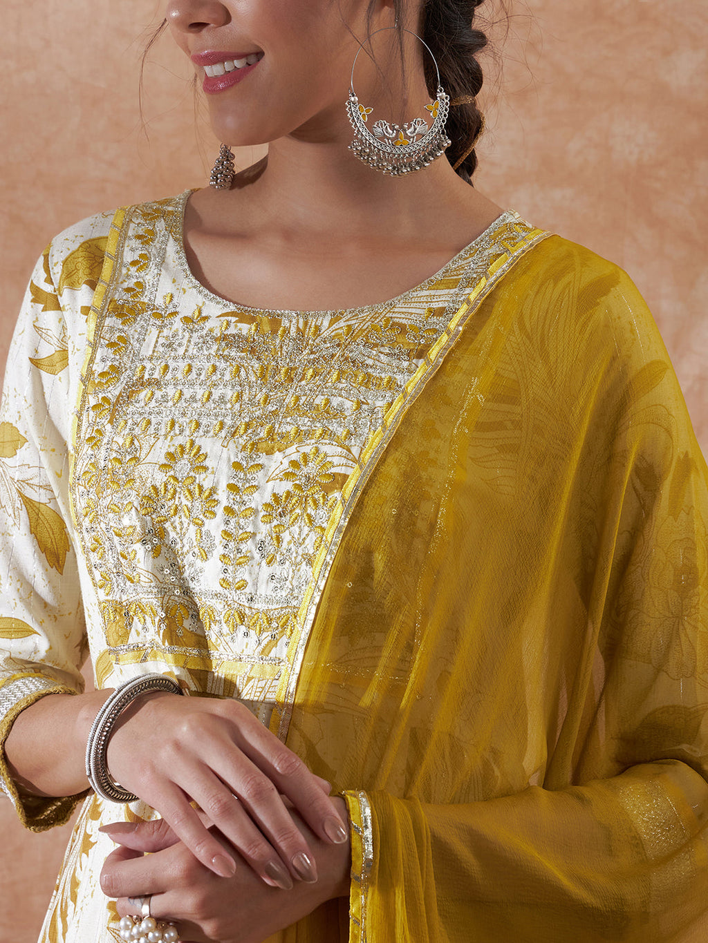 InWeave Women's White Mustard Lurex Leaf Print Patch Gota Kurta Set W Mustard Dupatta | Grocsy