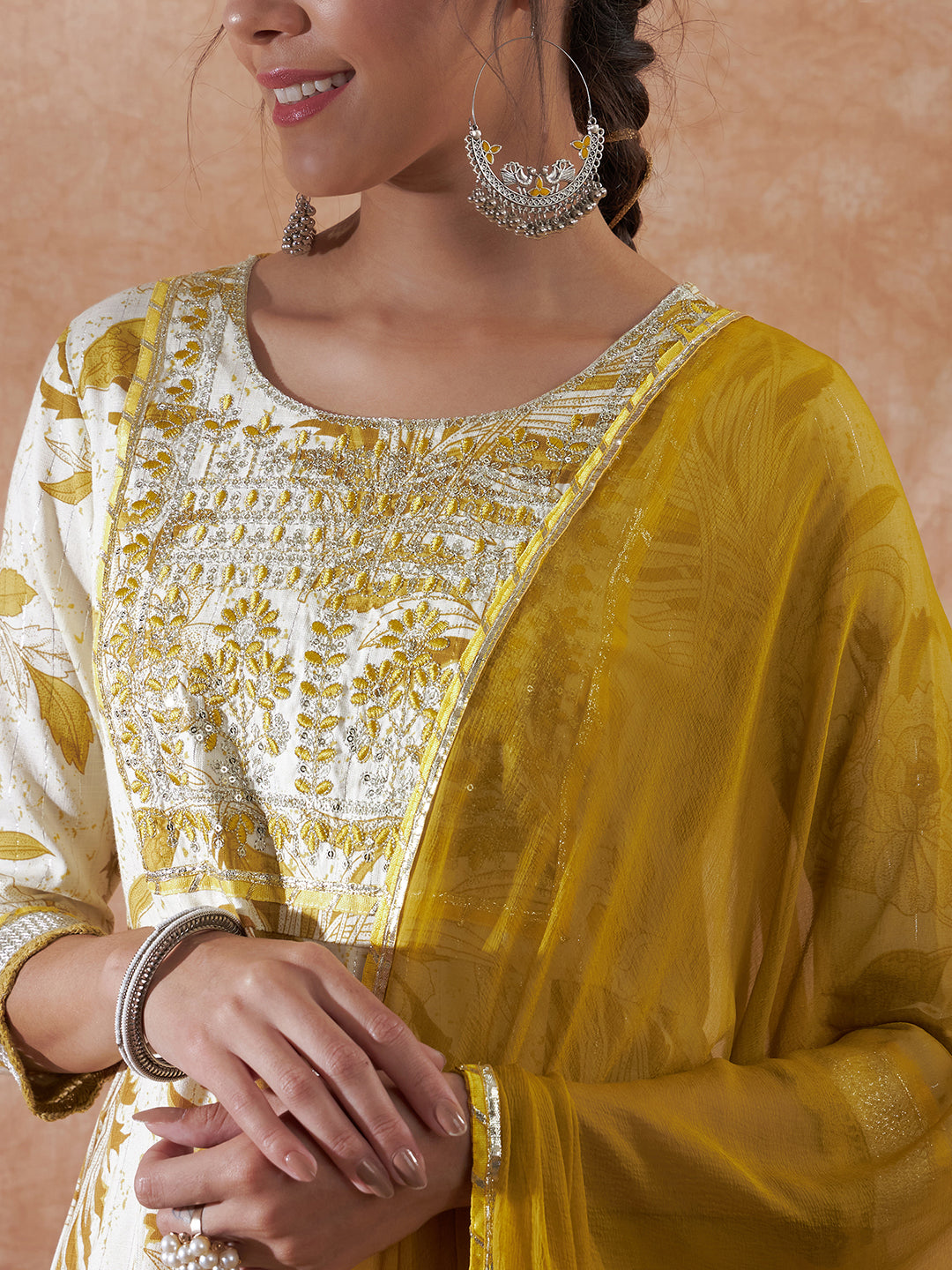 InWeave Women's White Mustard Lurex Leaf Print Patch Gota Kurta Set W Mustard Dupatta | Grocsy