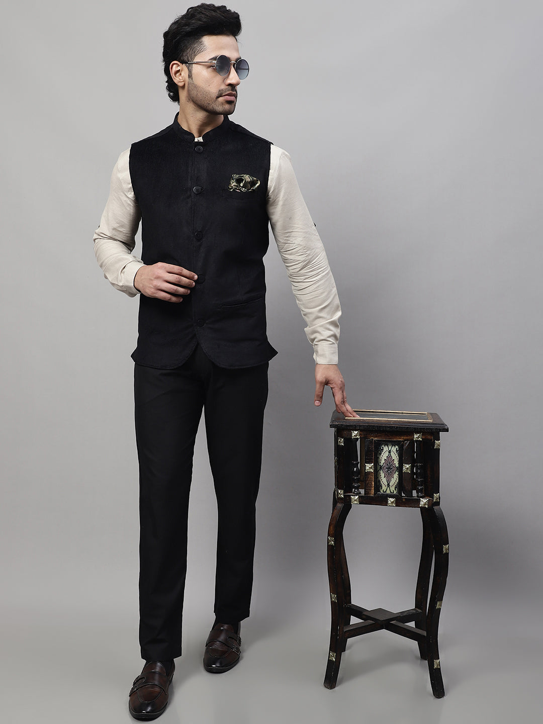 Even Apparels Men's Black Nehru Jacket With Welt Pockets | Grocsy
