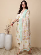 Antaran Cream Pure Cotton Floral Printed Kurta Pant And Dupatta Set | Grocsy
