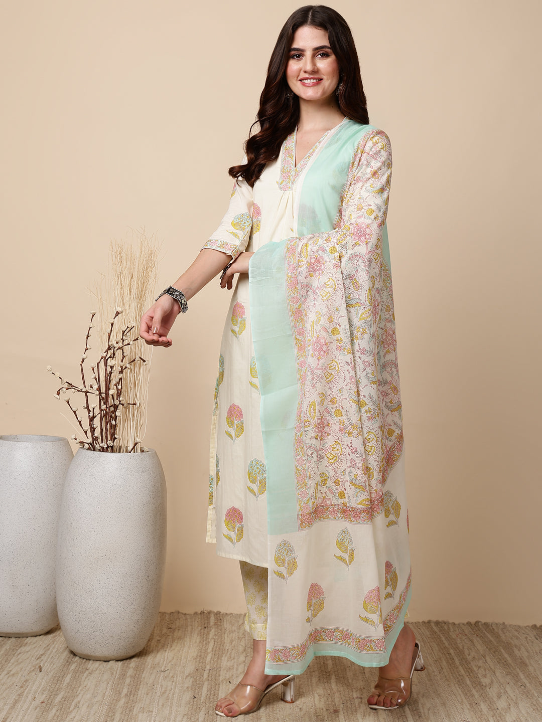 Antaran Cream Pure Cotton Floral Printed Kurta Pant And Dupatta Set | Grocsy