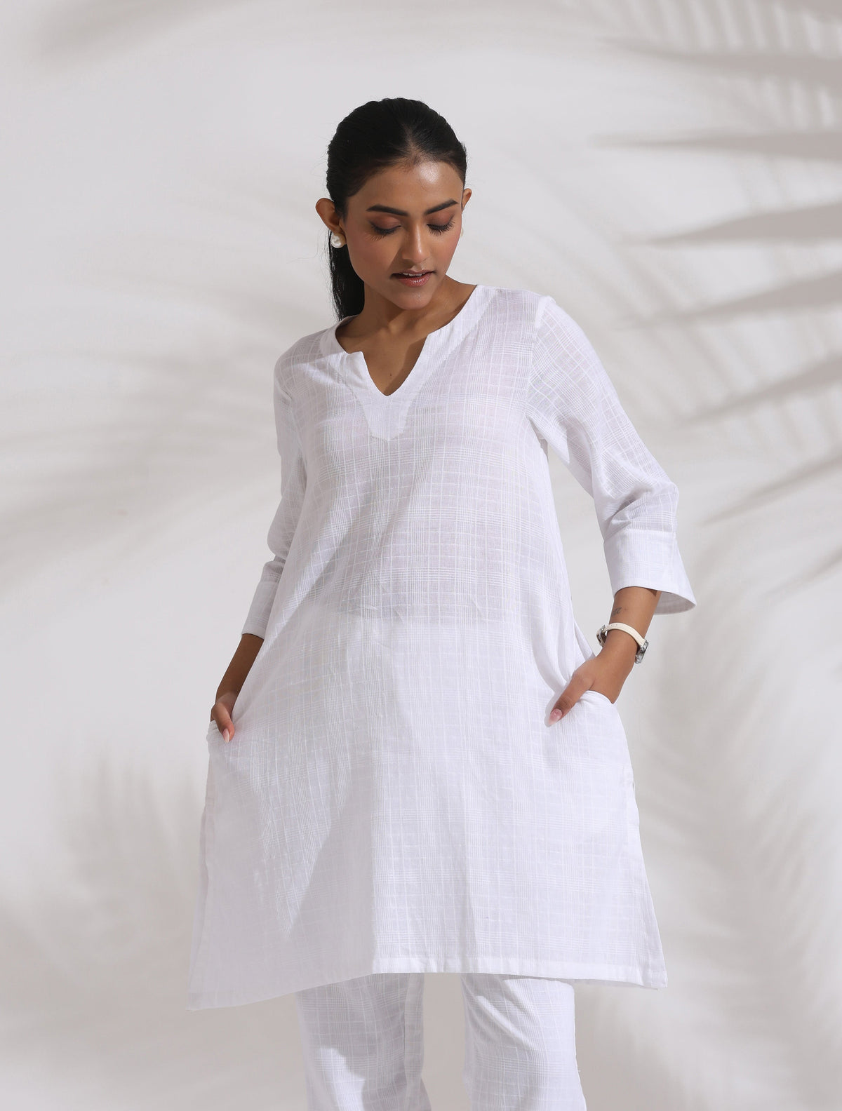 trueBrowns White Cotton Check Kurta Co-ord Set | Grocsy