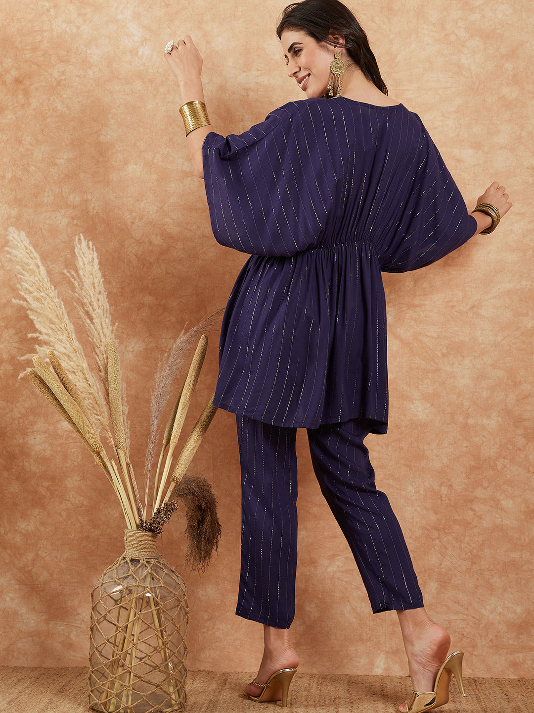 InWeave Women's Royal Blue Lurex V Neck Gota Kaftan Style Kurta Set | Grocsy