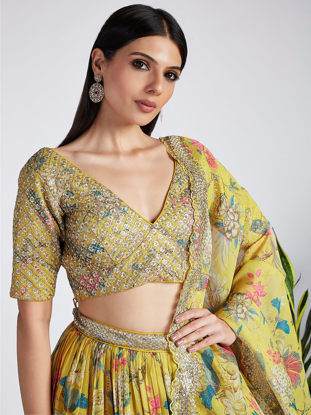 House of Panchhi Mustard Colour Organza Floral Design Digital Print Lehenga Choli & Dupatta | Grocsy