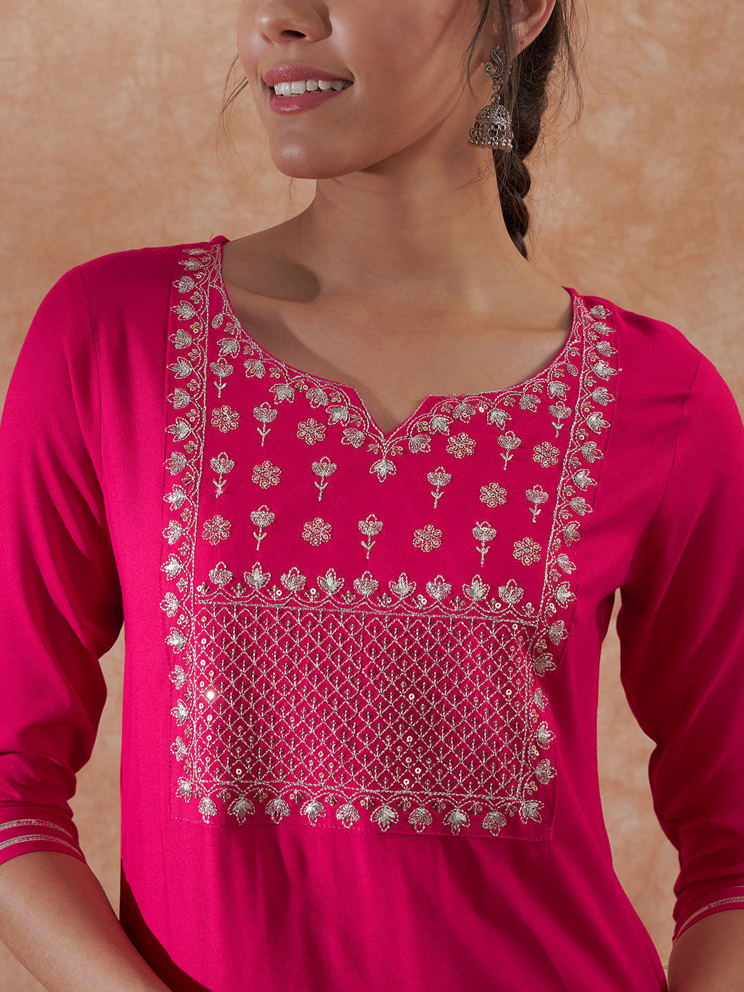 InWeave Women's Magenta Emb Assymetrical Kurta Pant Set | Grocsy