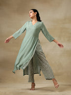 trueBrowns Light Green Bandhani Printed Silk High Slit Kurta Pant Set | Grocsy