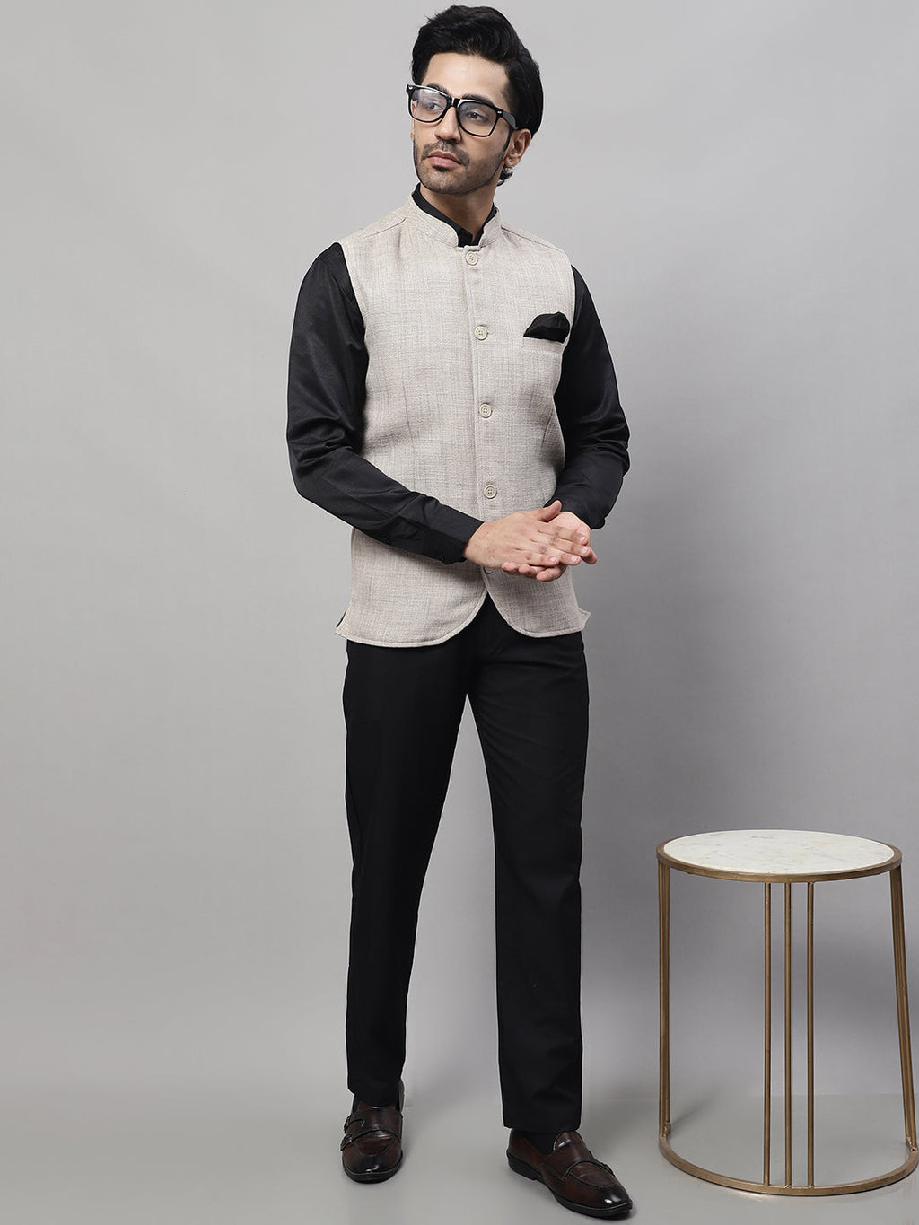 Even Apparels Men's Beige Nehru Jacket With Welt Pockets | Grocsy