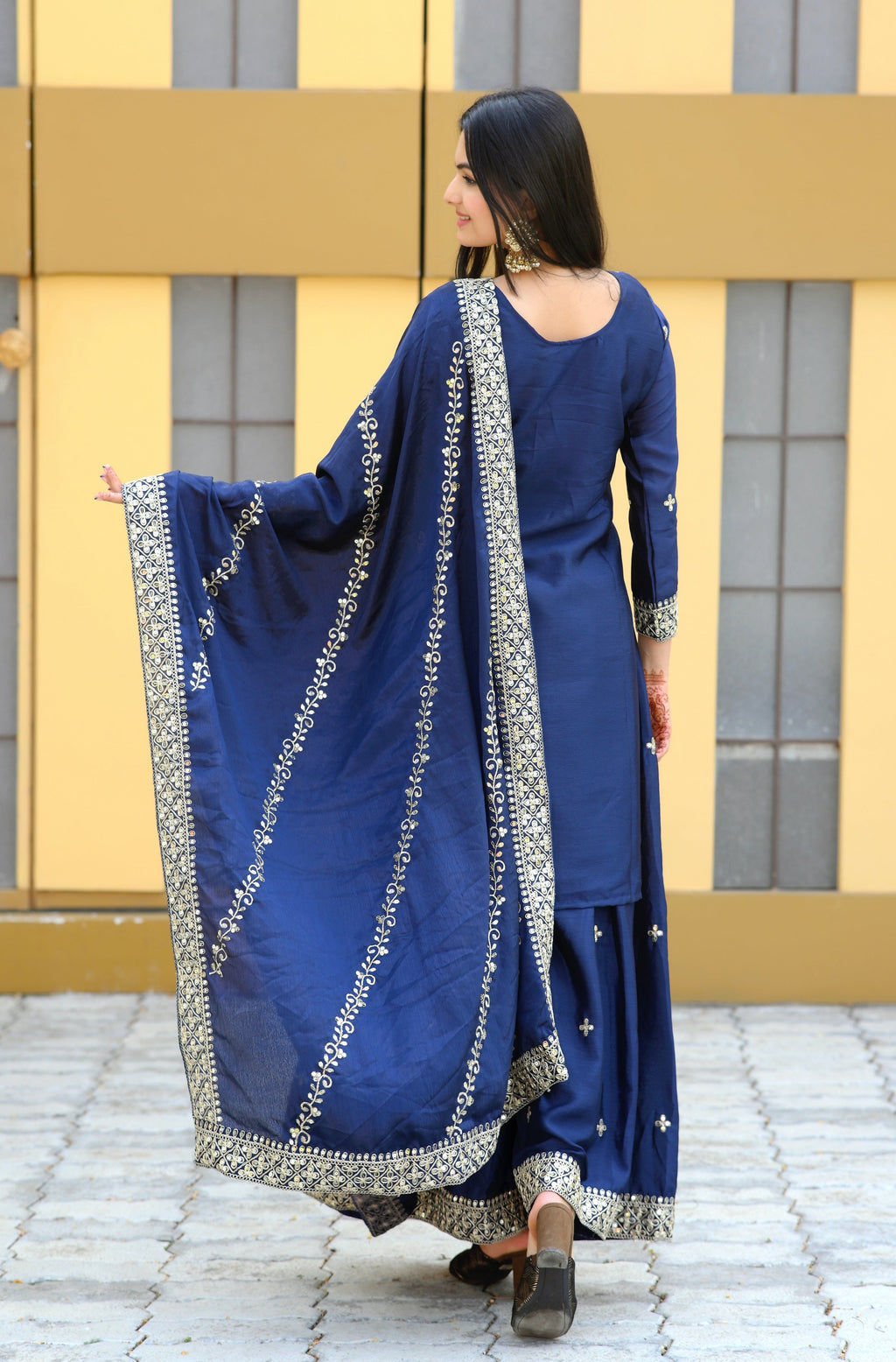 Teeya Creation Blue Color Chinon Silk Heavy Embroidery Work Fully Stitched Salwar Suit | Grocsy