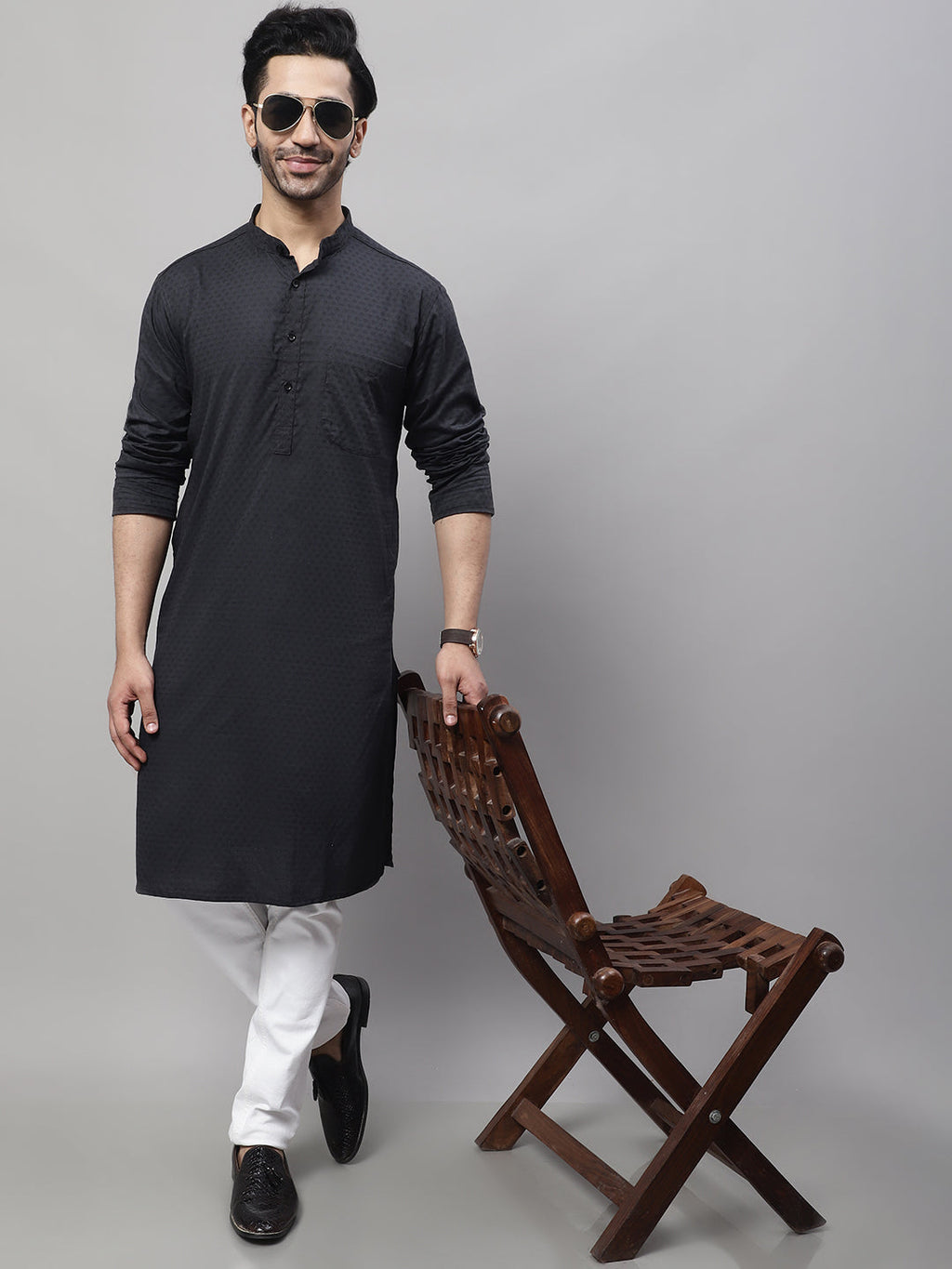 Even Apparels Black Pure Cotton Kurta With Band Collar | Grocsy