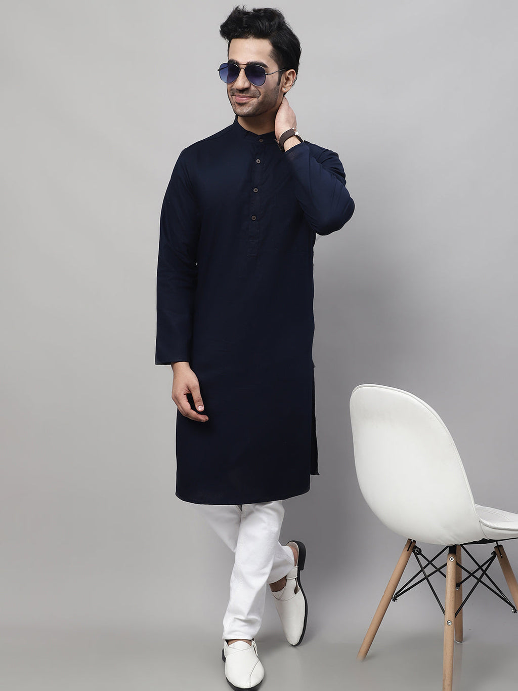 Even Apparels Blue Pure Cotton Kurta With Band Collar | Grocsy