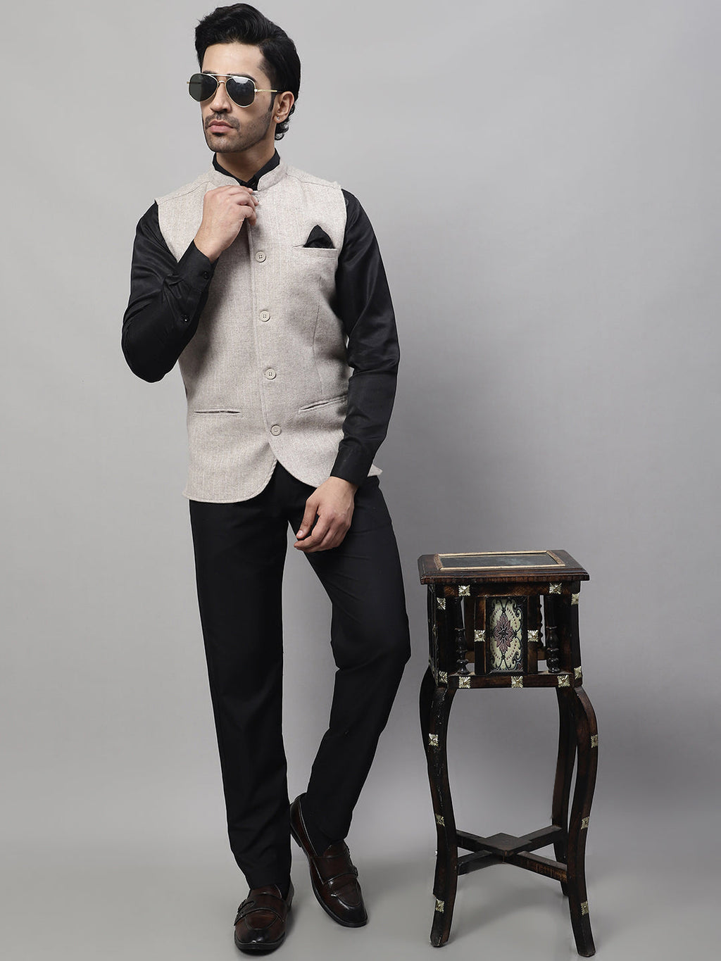 Even Apparels Men's Beige Pure Wool Nehru Jacket | Grocsy
