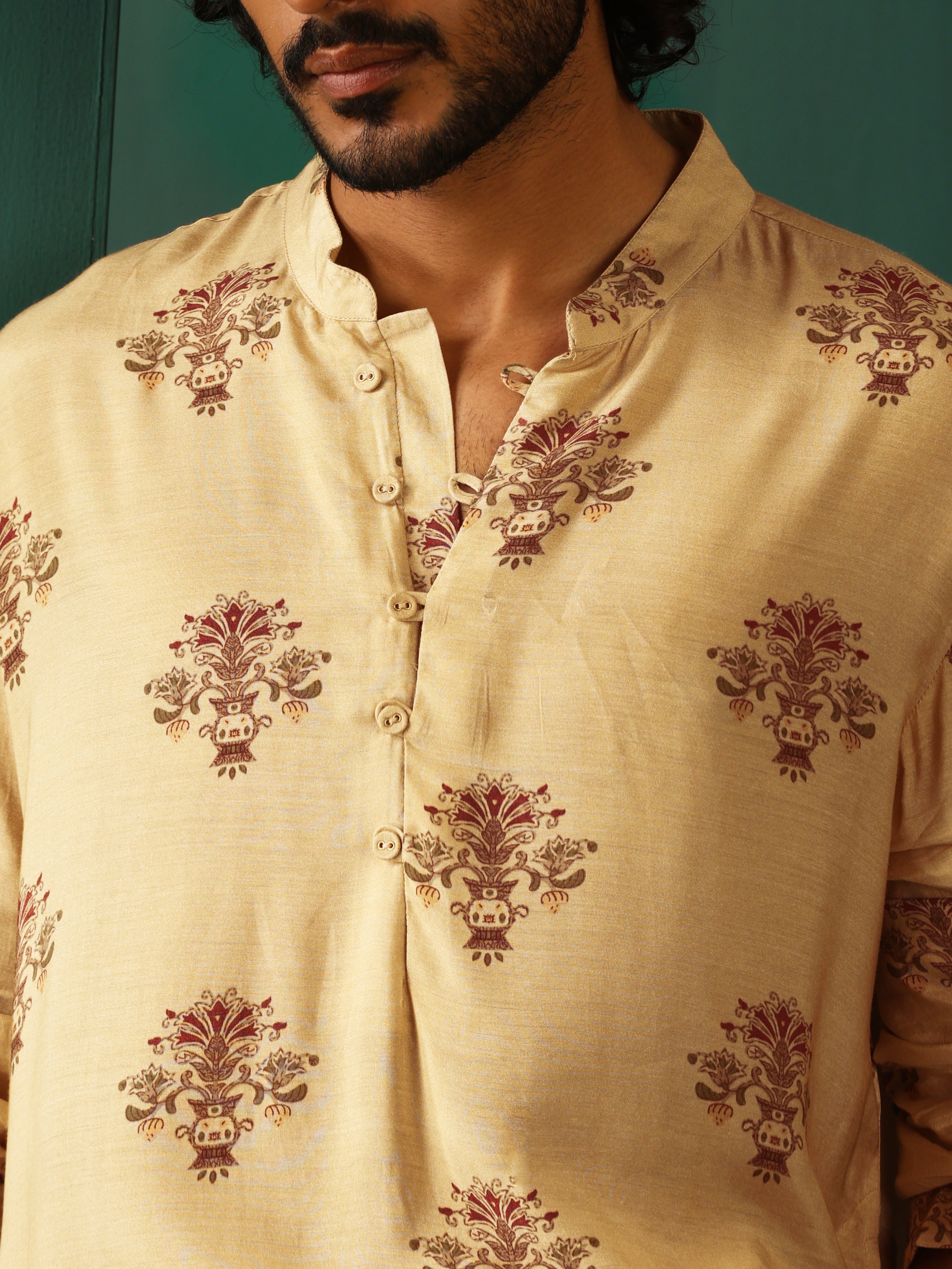 trueBrowns Men's Beige Floral Bunch Muslin Silk Printed Long Kurta | Grocsy