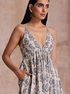 trueBrowns Grey Dabu Buta Print Cotton Sleeveless Dress | Grocsy