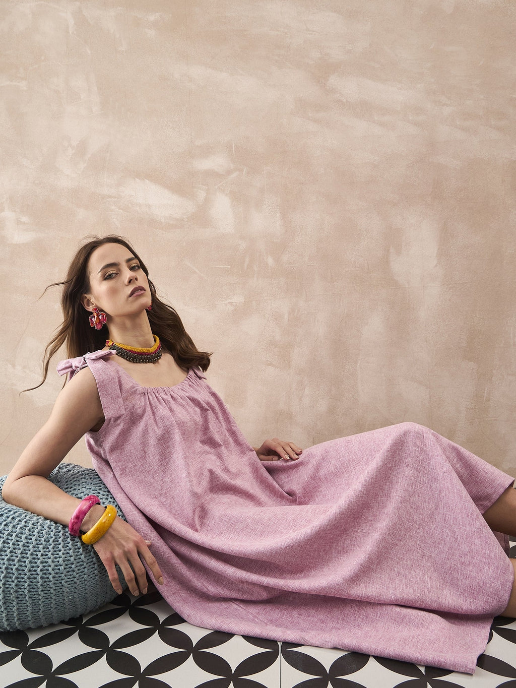 InWeave Dull Pink Linen Round Pleat Bow Dress | Grocsy