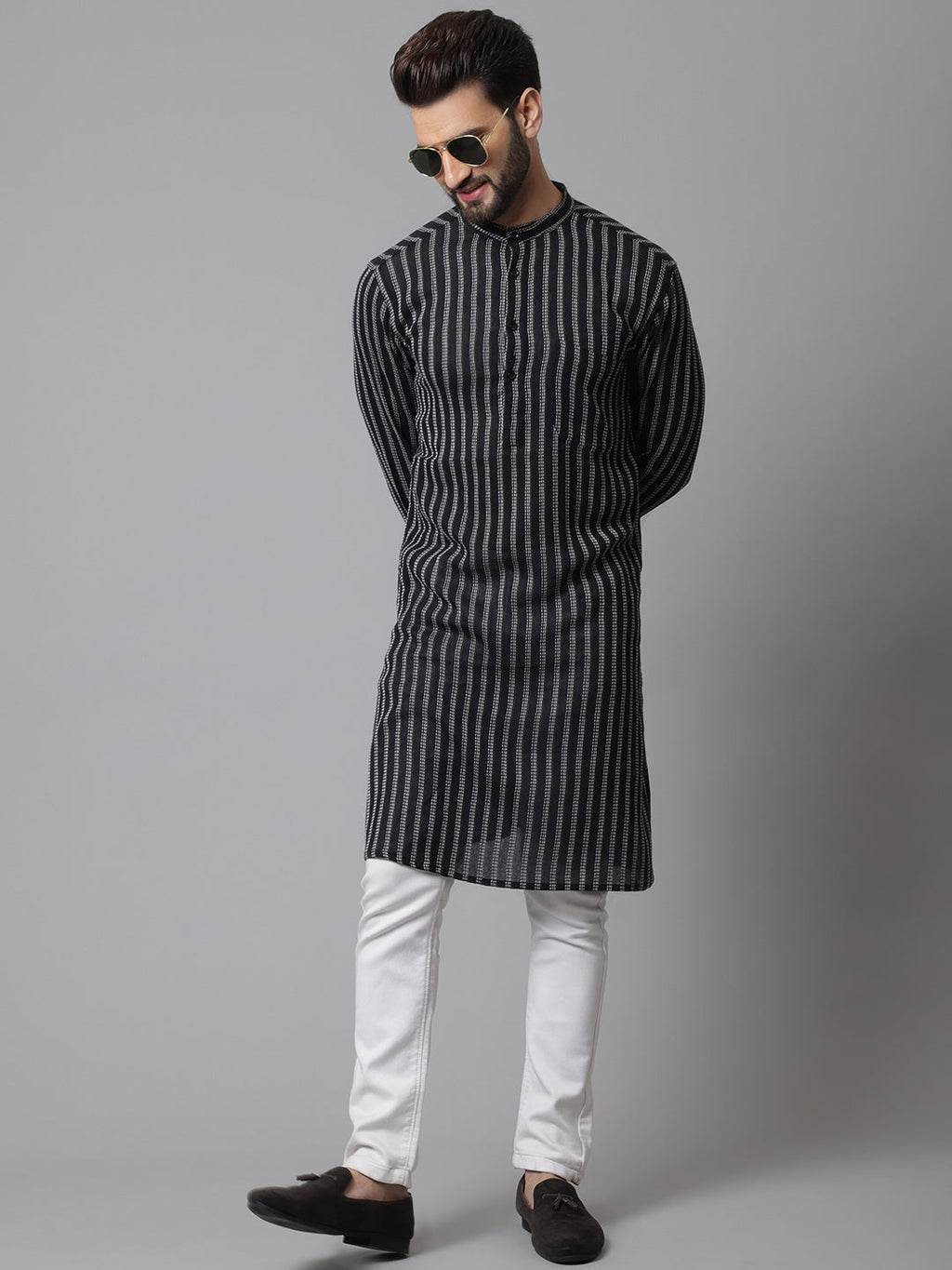 Even Apparels Black Pure Cotton Kurta With Band Collar | Grocsy