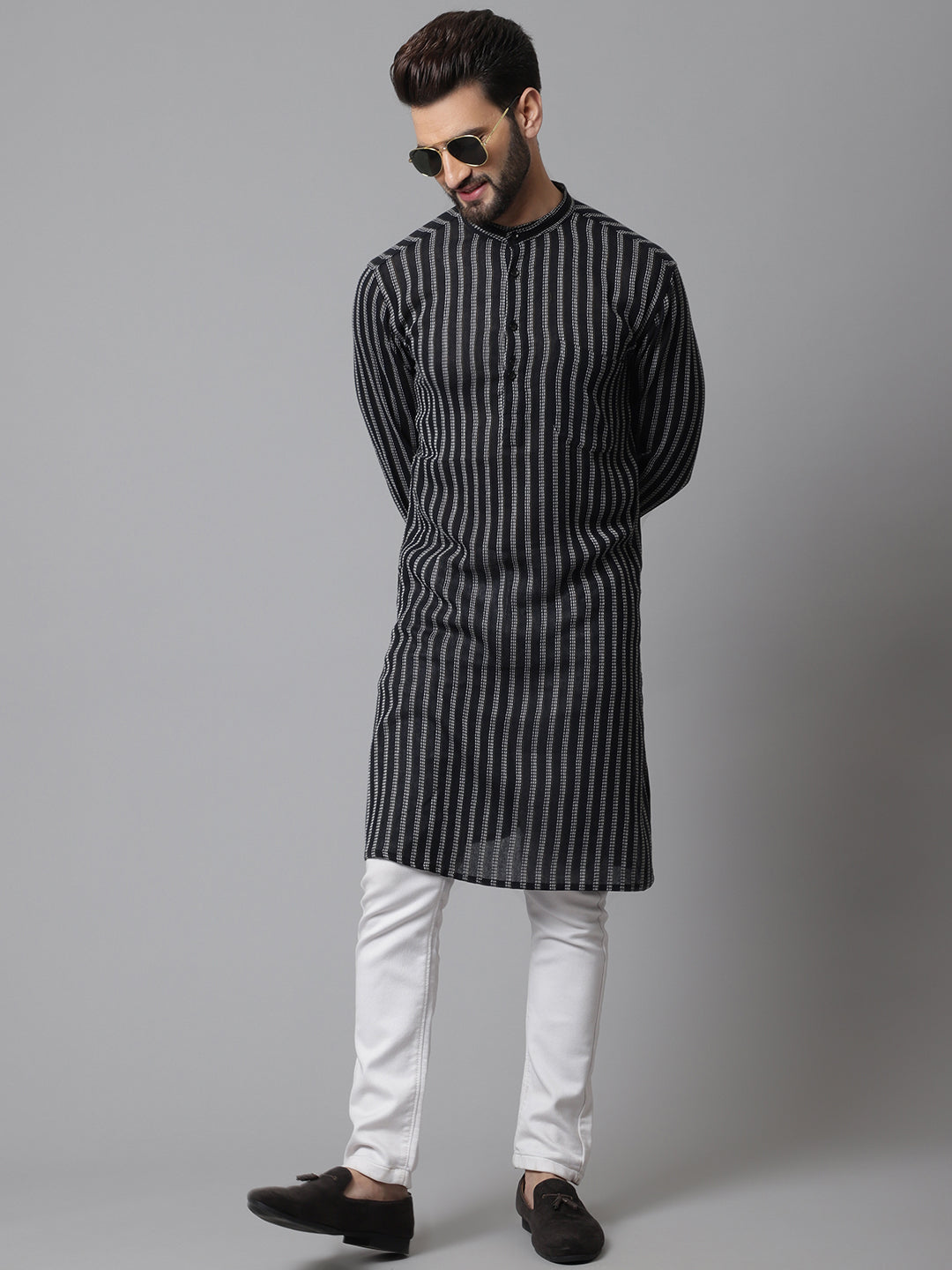 Even Apparels Black Pure Cotton Kurta With Band Collar | Grocsy