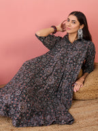 InWeave Black Maroon Ajrakh Foil Collar Flared Dress | Grocsy