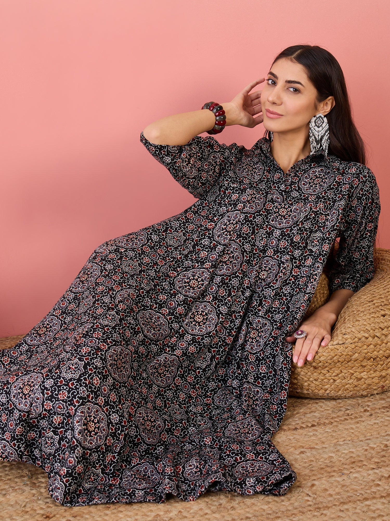 InWeave Black Maroon Ajrakh Foil Collar Flared Dress | Grocsy