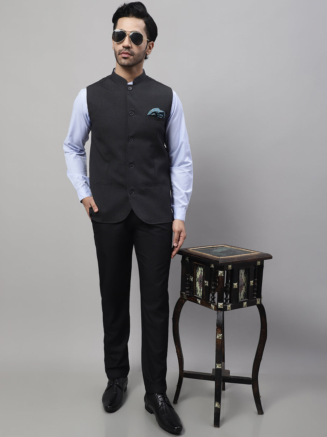 Even Apparels Men's Grey Nehru Jacket With Welt Pockets | Grocsy