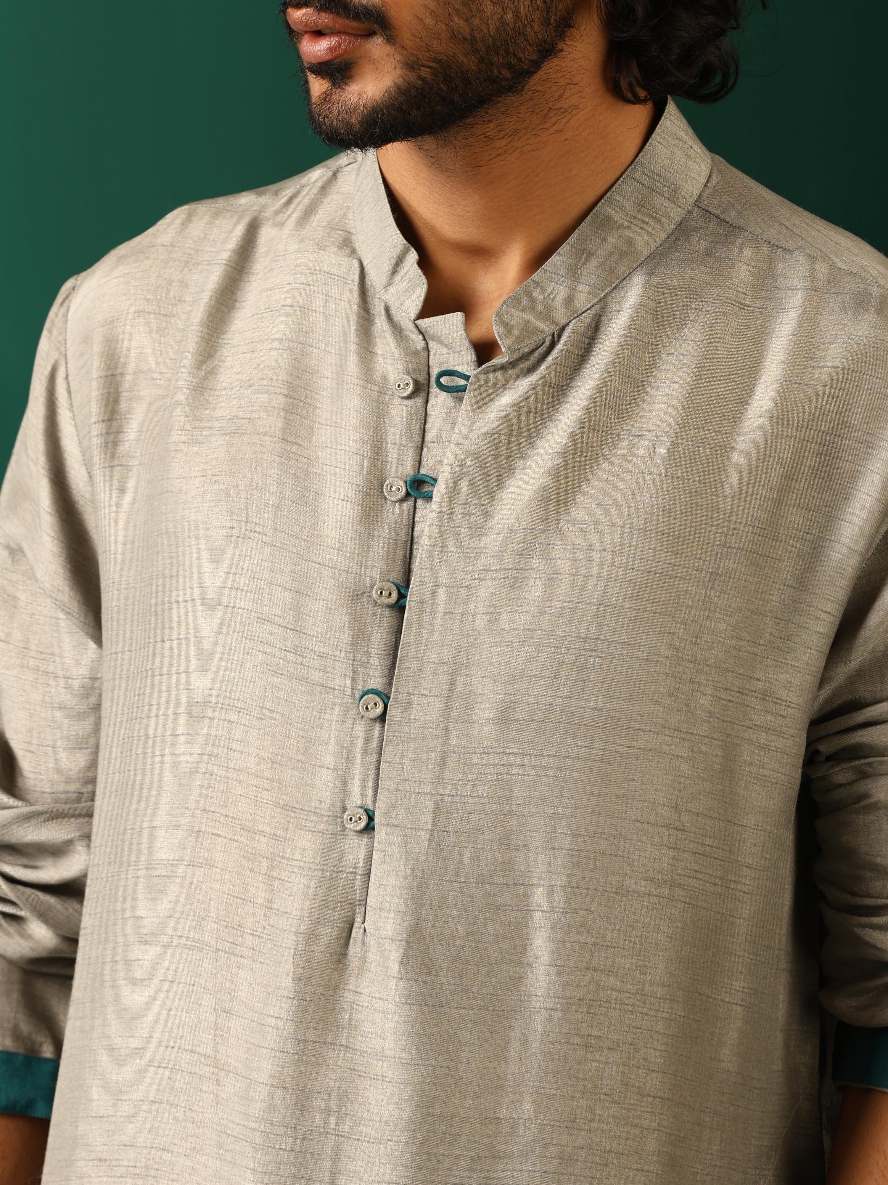 trueBrowns Men's Grey Silk Long Kurta | Grocsy