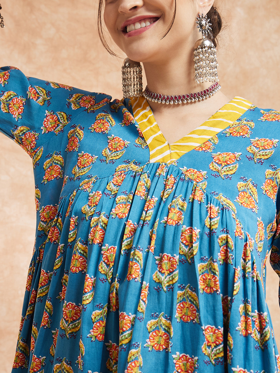 InWeave Women's Blue Orange Floral Yellow White Leh V Neck Kurta Set | Grocsy