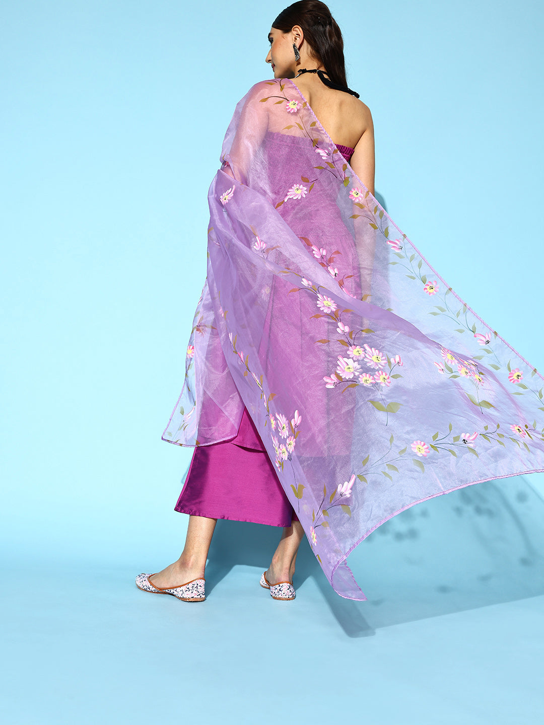 InWeave Purple Off Shoulder Silk Kurta Set -Mauve Hand Painted Dupatta | Grocsy