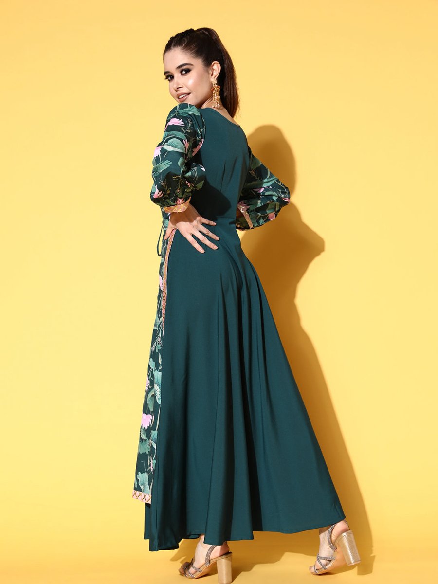 Ahalyaa Green Crepe Puff Sleeves Floral Printed Maxi Ethnic Dress with Waist Tie-Ups | Grocsy