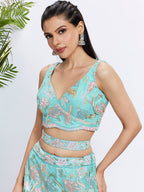 House of Panchhi Turquoise Blue Chiffon Sequins And Thread Embroidery Lehenga Choli & Printed Dupatta | Grocsy