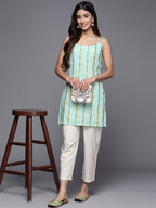 Ahalyaa Striped Floral Printed Shoulder Straps Crepe Tunic | Grocsy