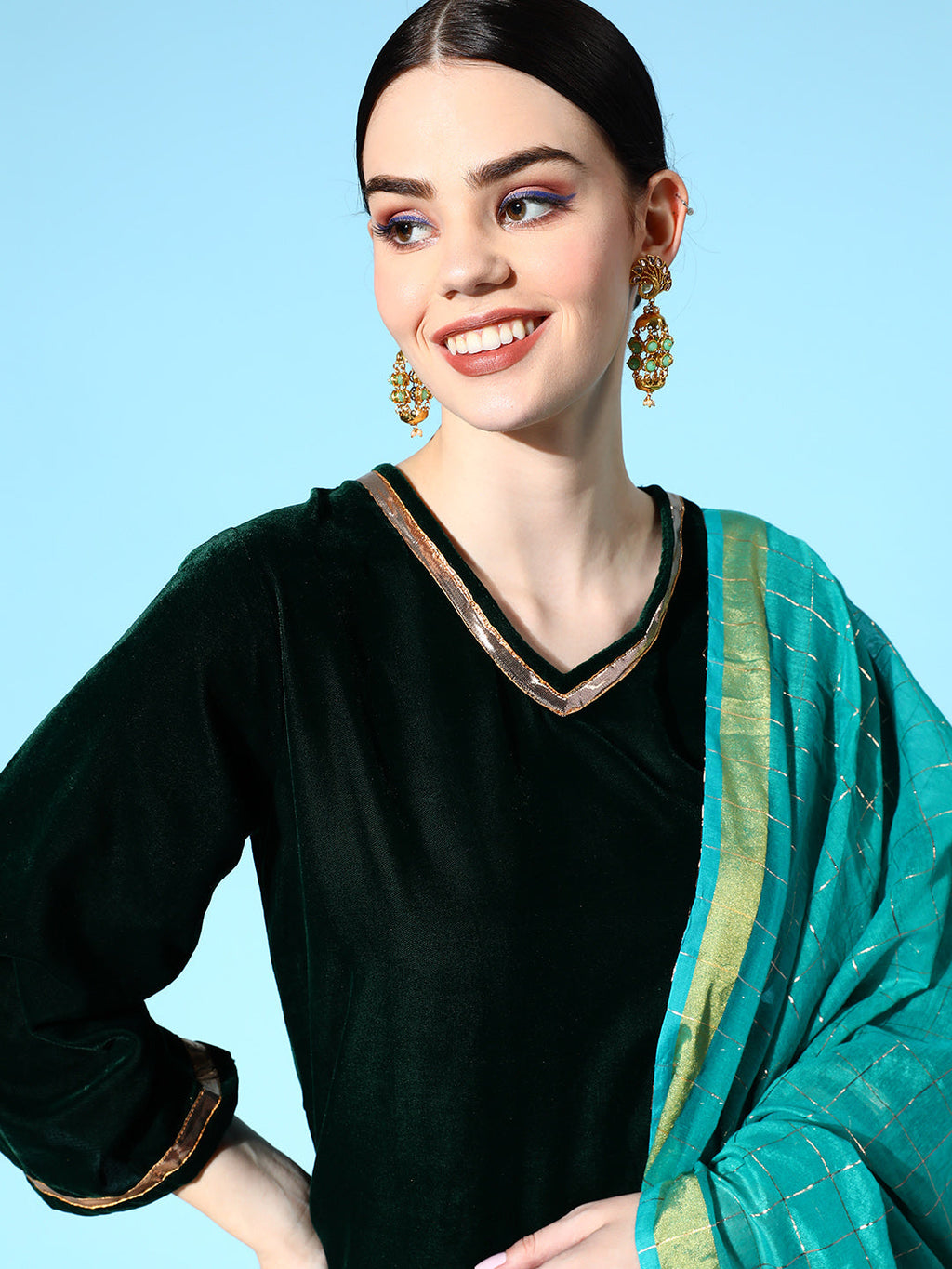 InWeave Women's Green Velvet Kurta Set With Teal Gold Check Dupatta | Grocsy