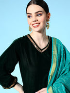 InWeave Women's Green Velvet Kurta Set With Teal Gold Check Dupatta | Grocsy