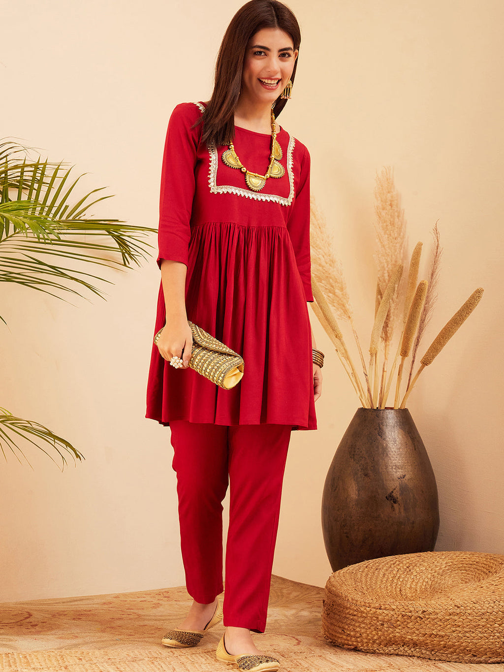 InWeave Women's Maroon Round Neck Square Gota Work Kurta Pant Set | Grocsy