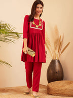 InWeave Women's Maroon Round Neck Square Gota Work Kurta Pant Set | Grocsy