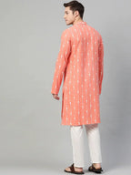 Fabmade Peach & White Printed Straight Kurta With Pyjama For Men | Grocsy